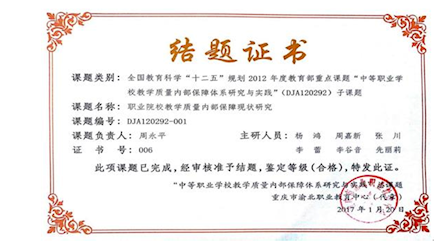 1.全國教育科學(xué)“十二五”規(guī)劃2012年度教育部重點(diǎn)課題《中等職業(yè)學(xué)校教學(xué)質(zhì)量內(nèi)部保障體系研究與實踐（DJA120292-001）》結(jié)題